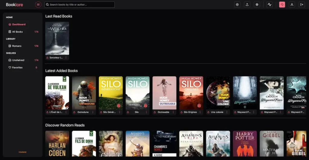 Capture d'écran du dashboard de Booklore avec une bibliothèque et des livres ajoutées.
