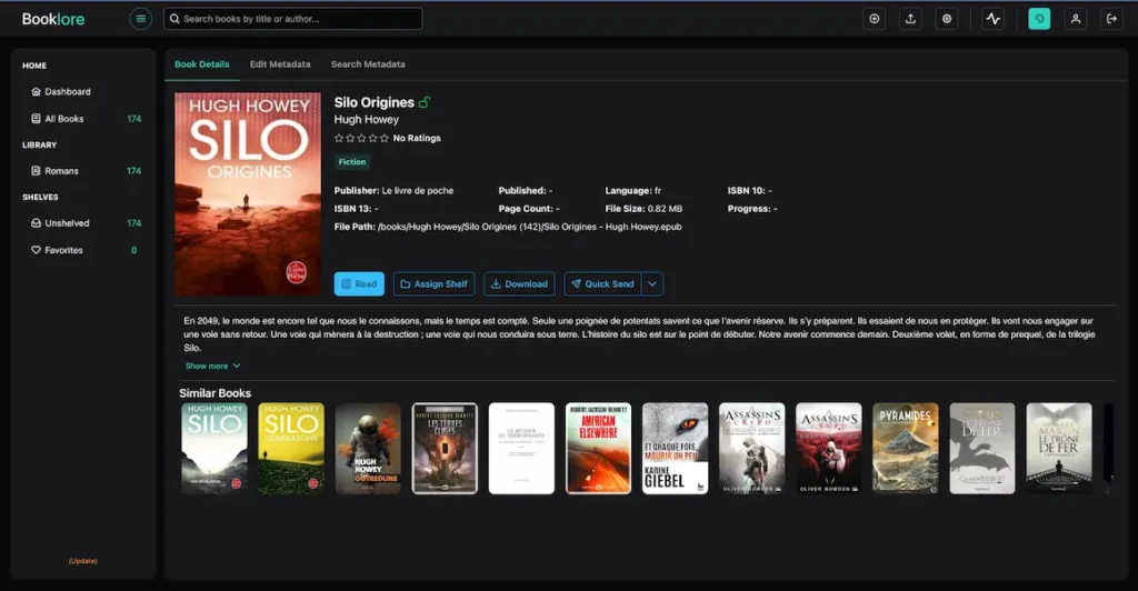 Capture d'écran de Booklore montrant la page avec les infos d'un livre.