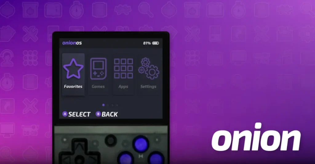 Image d'illustration provenant du site officiel OnionOS. On y voit un dégradé violet avec la console Miyoo Mini Plus présentant l'interface par défaut de l'OS.