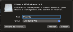Capture d'écran de l'utilitaire de disque MacOS permettant de formater un disque pour la Miyoo Mini Plus. Le nom du disque sera OnionOS et le format MS-DOS (FAT)